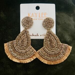 KAY LEE Luxury Boho Raffia Gold Beaded Statement Drop Earrings